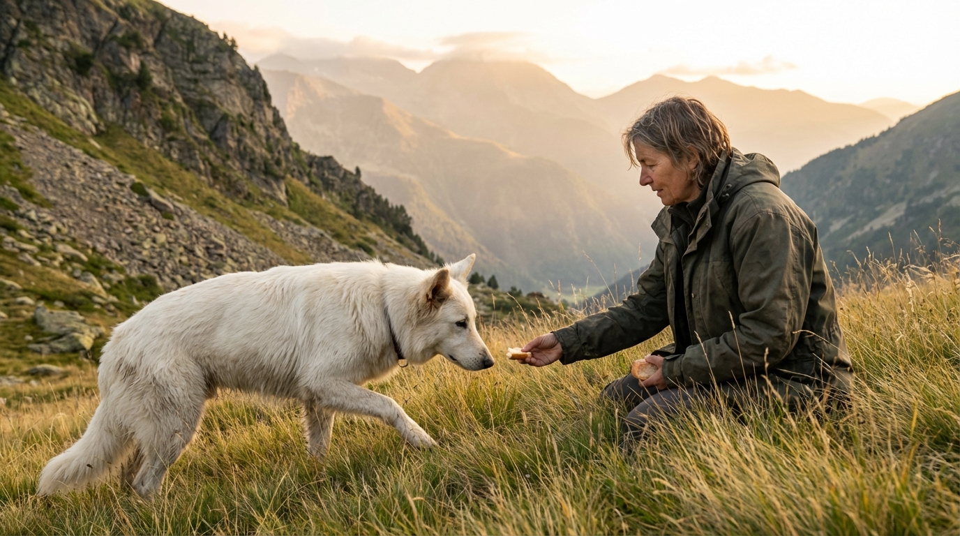 Un magnifique Berger Suisse blanc, l'air soulagé, se blottit contre une femme dans un paysage de montagne escarpé et verdoyant.
