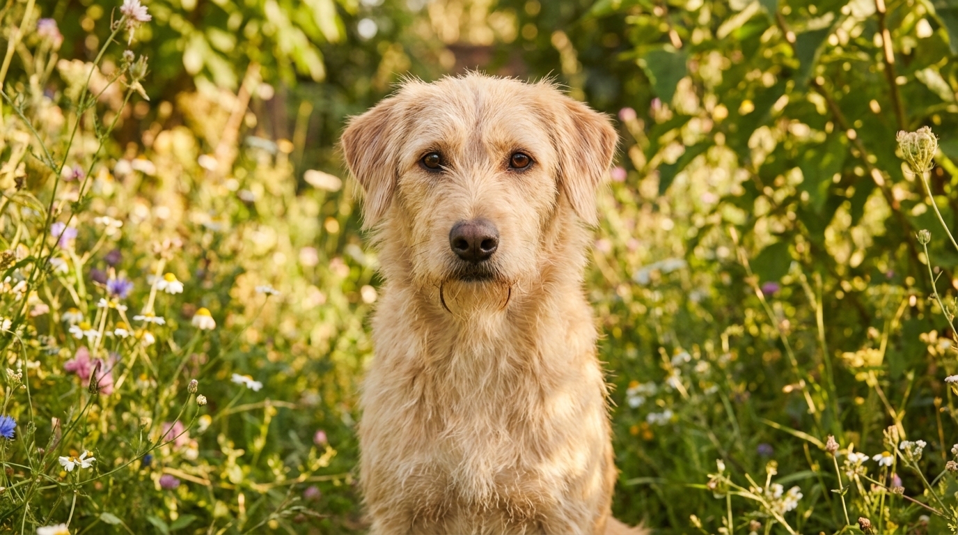 Bobby, un adorable chien de type Beldi à trois pattes, regarde l'objectif avec un air doux et résilient dans un jardin.