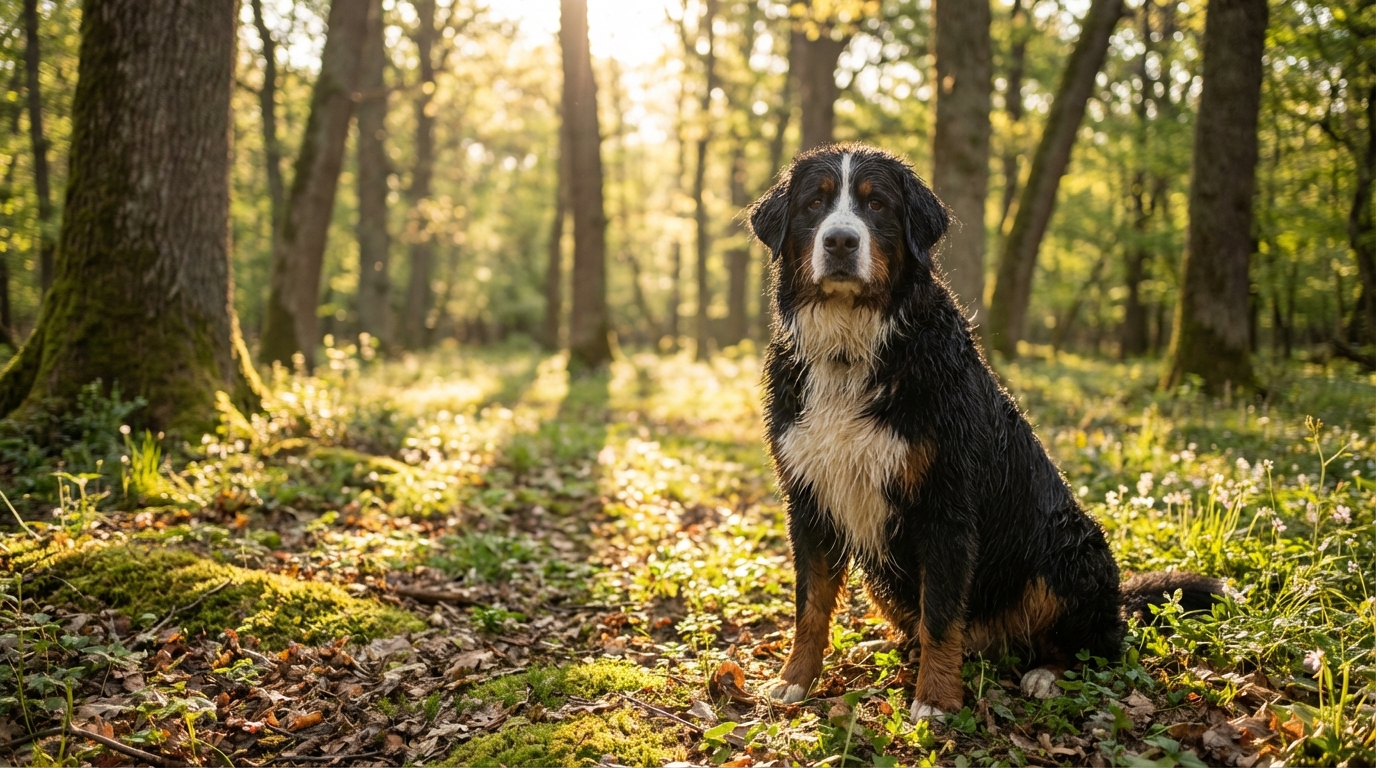 Un magnifique bouvier bernois au regard doux et un peu craintif, assis dans l'herbe après avoir été secouru.