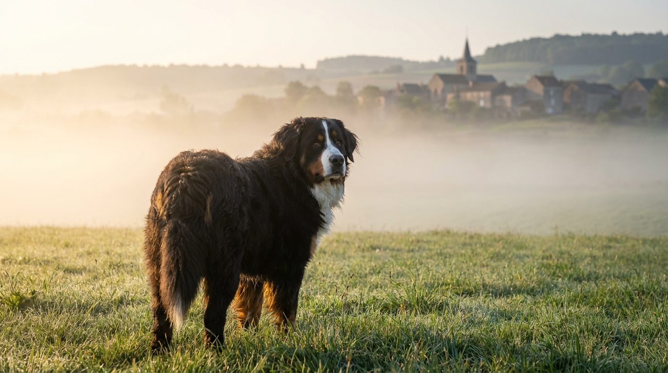 Un grand bouvier bernois, l'air triste et méfiant, se tient seul dans un champ brumeux au lever du soleil, près d'un village français.