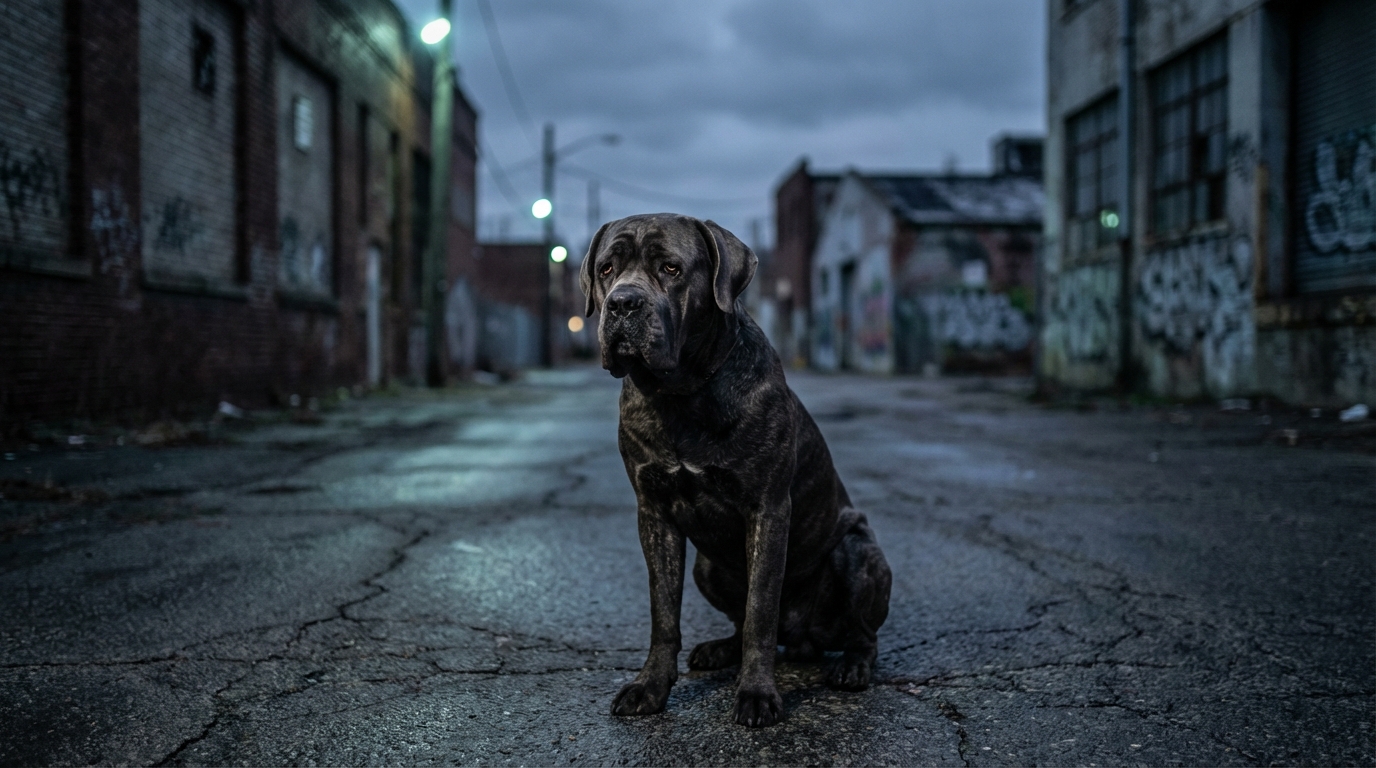 Un chien de race Cane Corso, au regard sombre et pensif, symbolisant le drame d'une morsure sur son propriétaire.