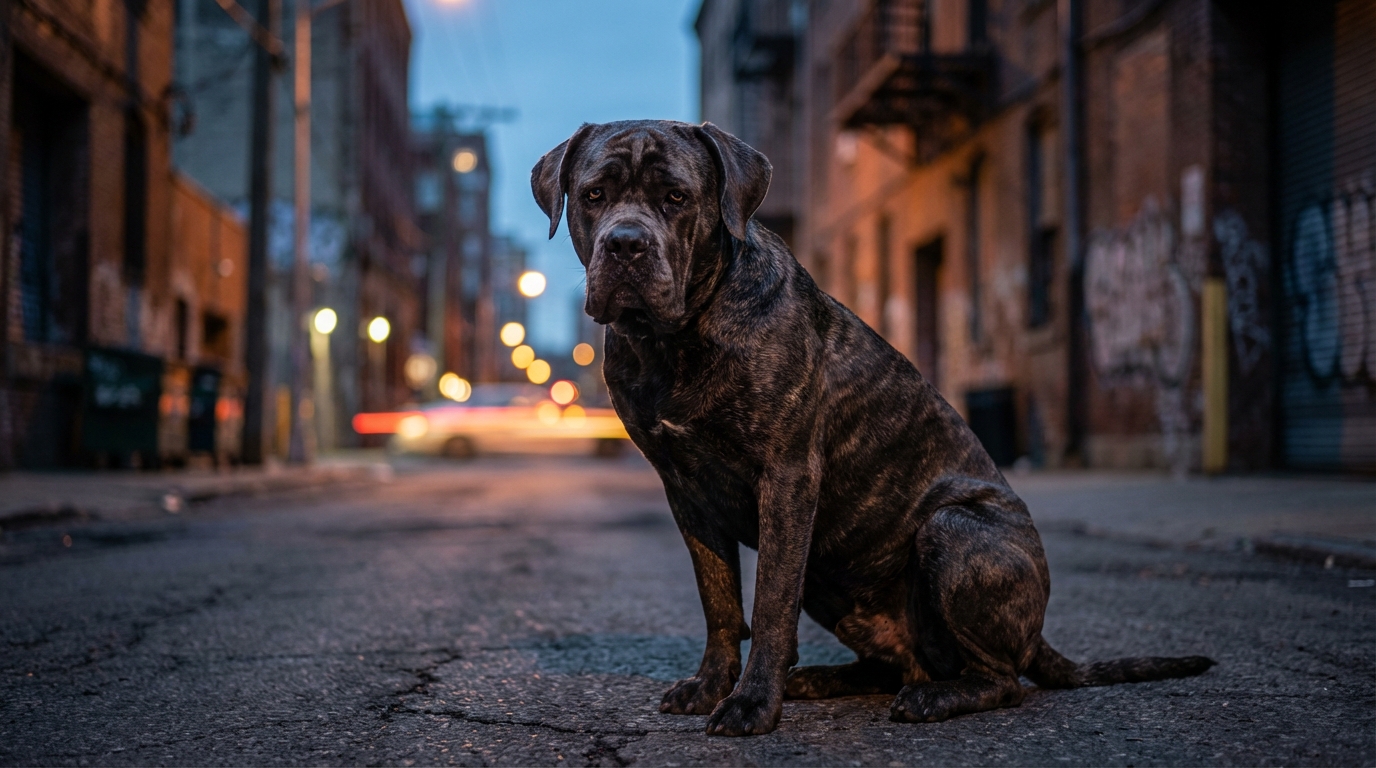 Un chien de race Cane Corso, puissant et majestueux, regarde tristement dans la pénombre d'une ruelle urbaine, symbolisant le drame.
