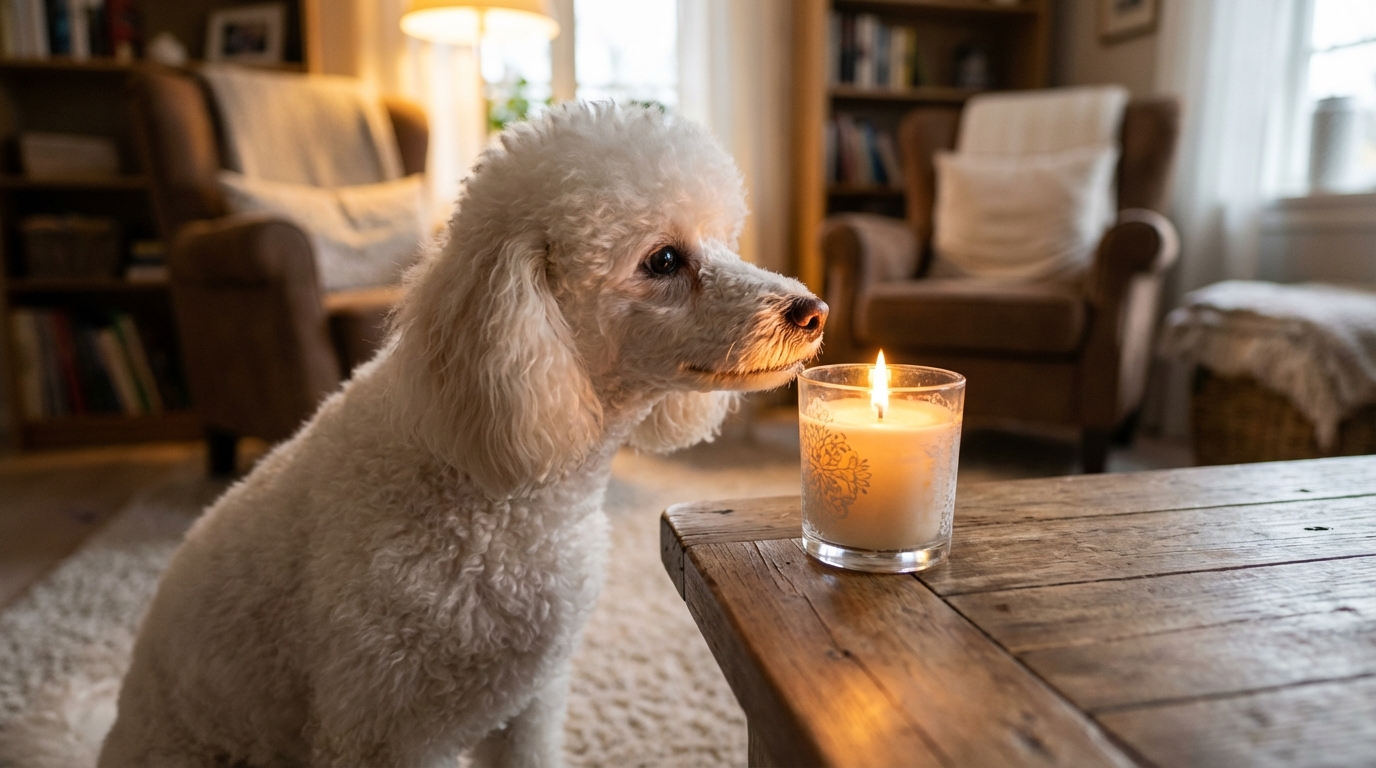 Un adorable caniche blanc regardant avec curiosité une bougie allumée sur une table basse, illustrant le danger domestique.