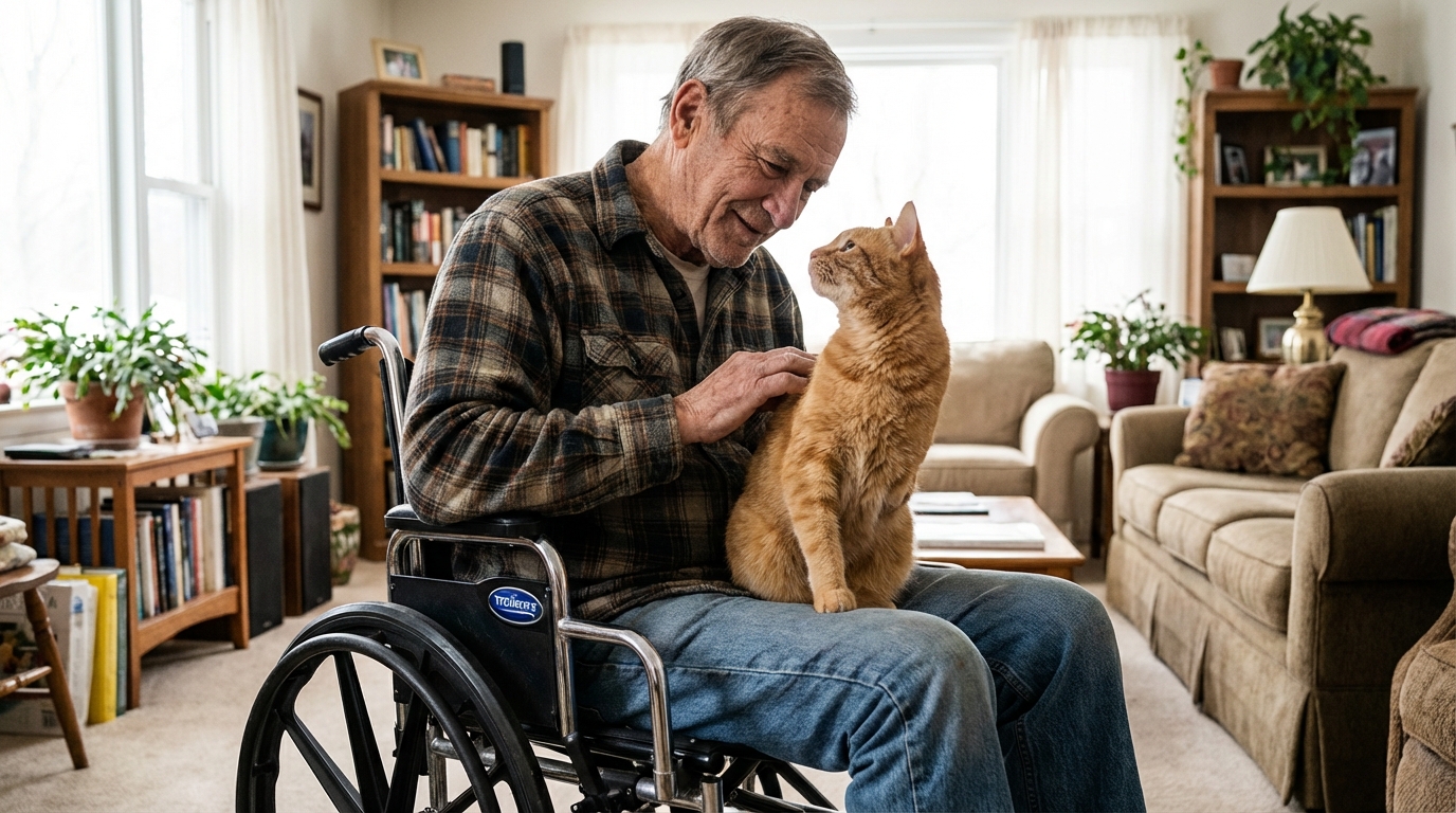 Un adorable chat roux amputé des pattes avant se blottit tendrement contre un vétéran assis dans un fauteuil roulant, le regard apaisé.