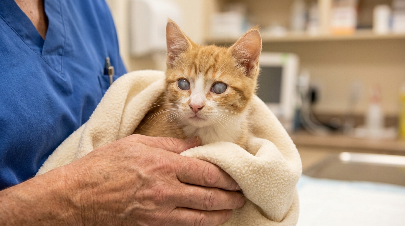 Un jeune chat roux et blanc aux yeux non-voyants, blotti dans une couverture, exprimant la vulnérabilité et la tristesse.