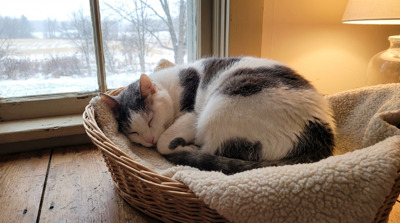 Un adorable chat errant blanc et gris, blotti et endormi dans un panier douillet après avoir été sauvé du froid hivernal.