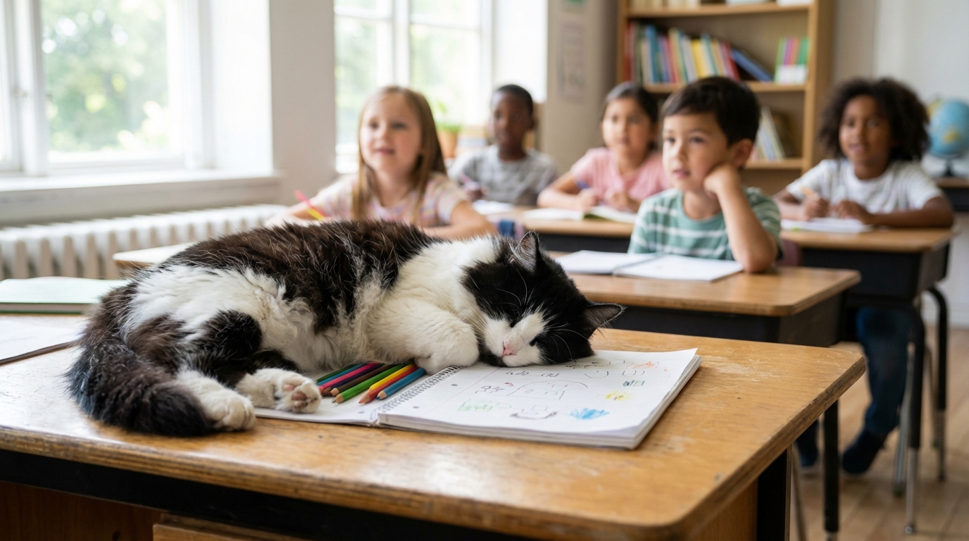Un chat noir et blanc est tendrement caressé par un enfant sur un bureau d'école, au milieu des cahiers et des crayons.