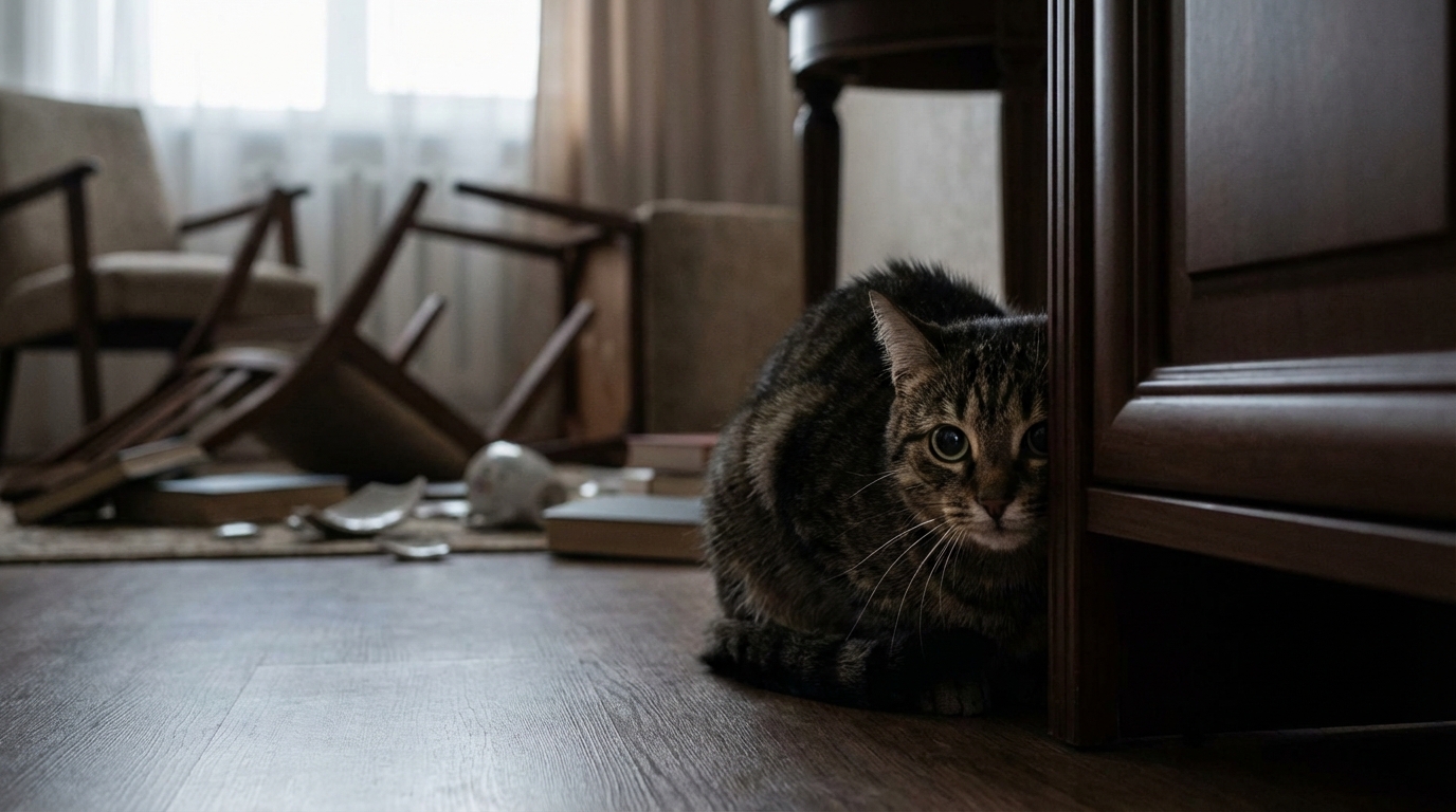 Un chat tigré, les yeux grands ouverts de peur, est recroquevillé dans un coin sombre d'une pièce, symbolisant la peur des animaux victimes.