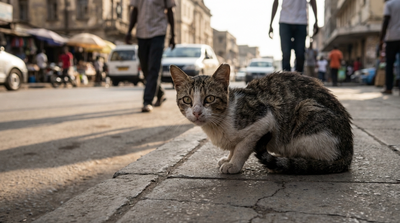 Un chat de gouttière tigré au regard inquiet, assis sur un trottoir dans une rue urbaine, symbolisant la vulnérabilité des animaux des rues.