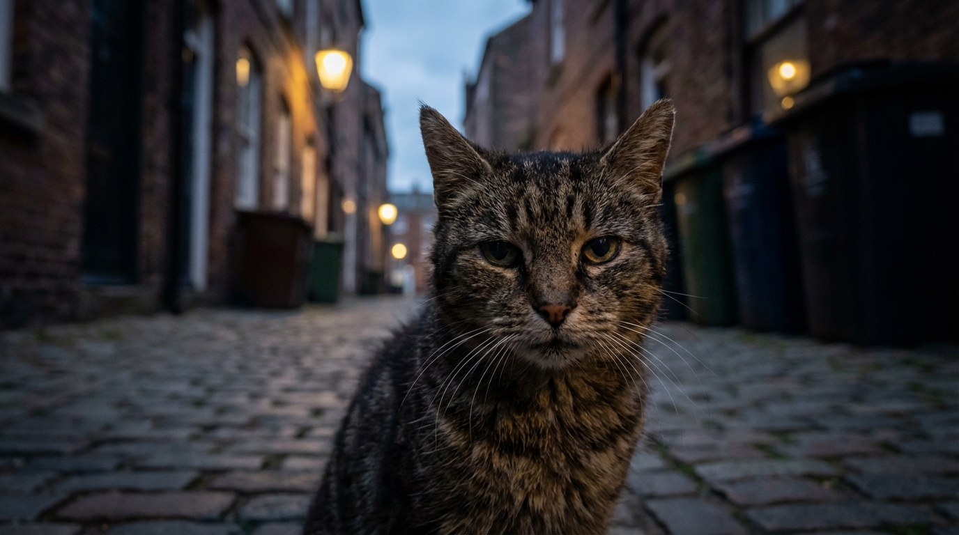 Un chat errant au regard méfiant se tient dans une ruelle, symbolisant le mystère de l'agression de Corcelles.