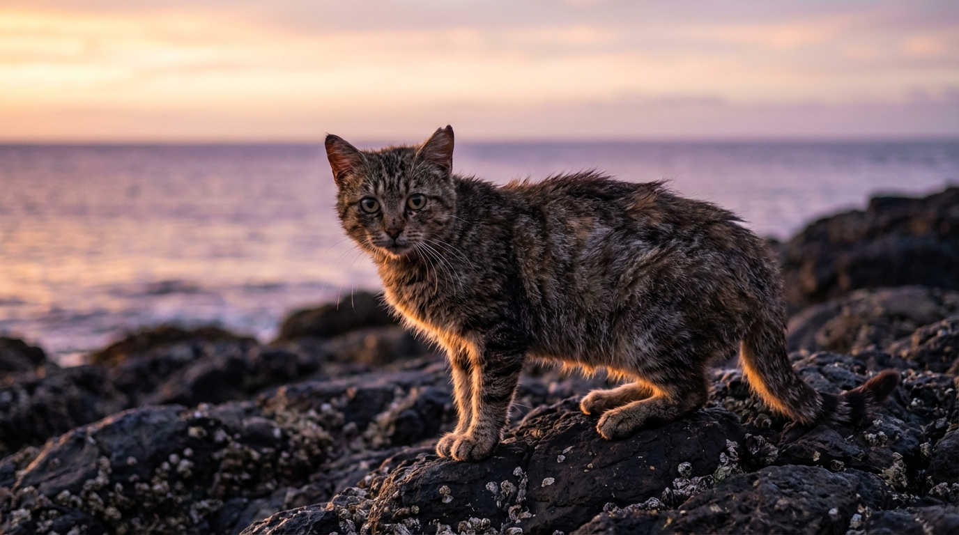 Un chat de gouttière au pelage tigré assis sur un rocher, regardant avec méfiance vers l'objectif au coucher du soleil.