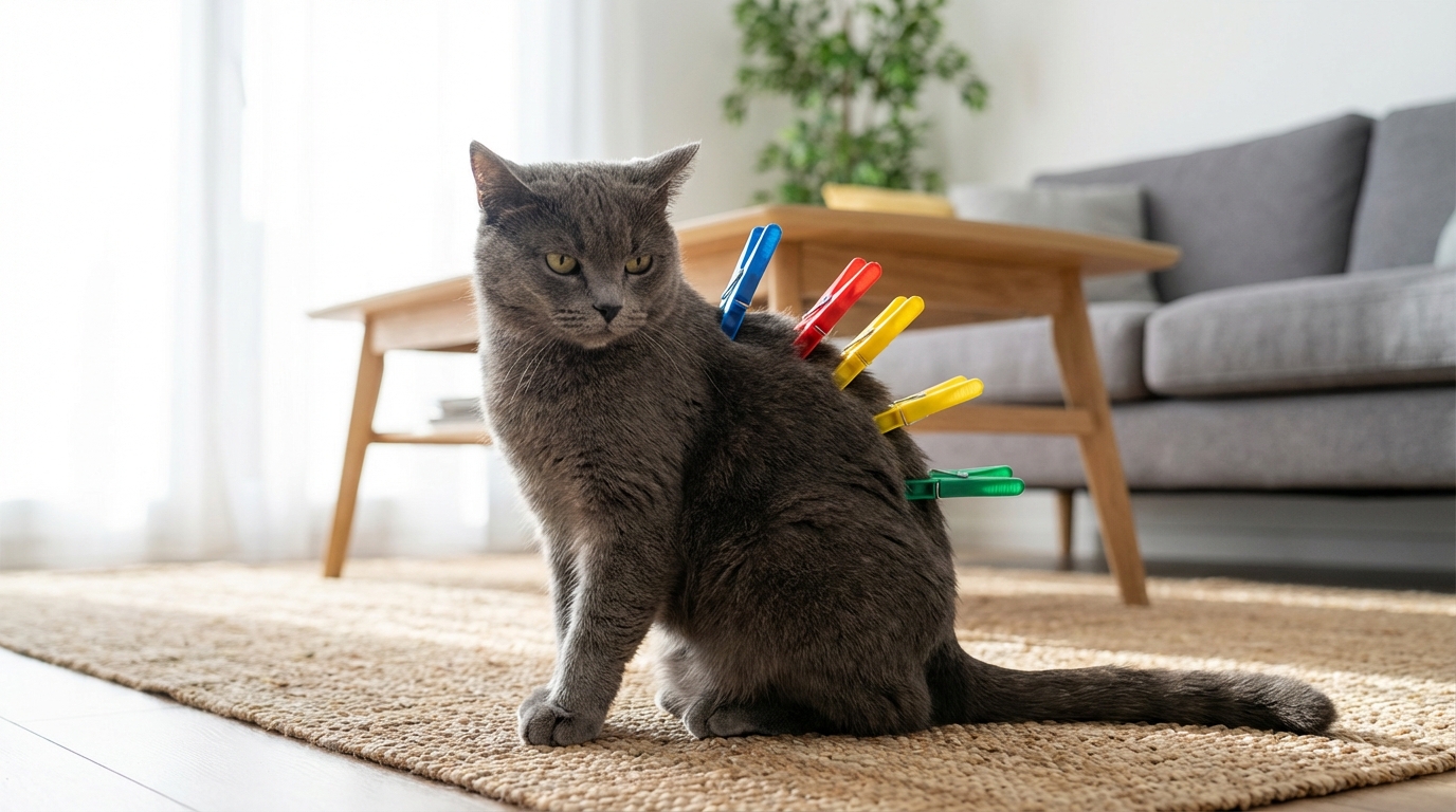 Un chat au pelage gris regarde la caméra, l'air confus, avec plusieurs pinces à linge colorées accrochées à son dos.