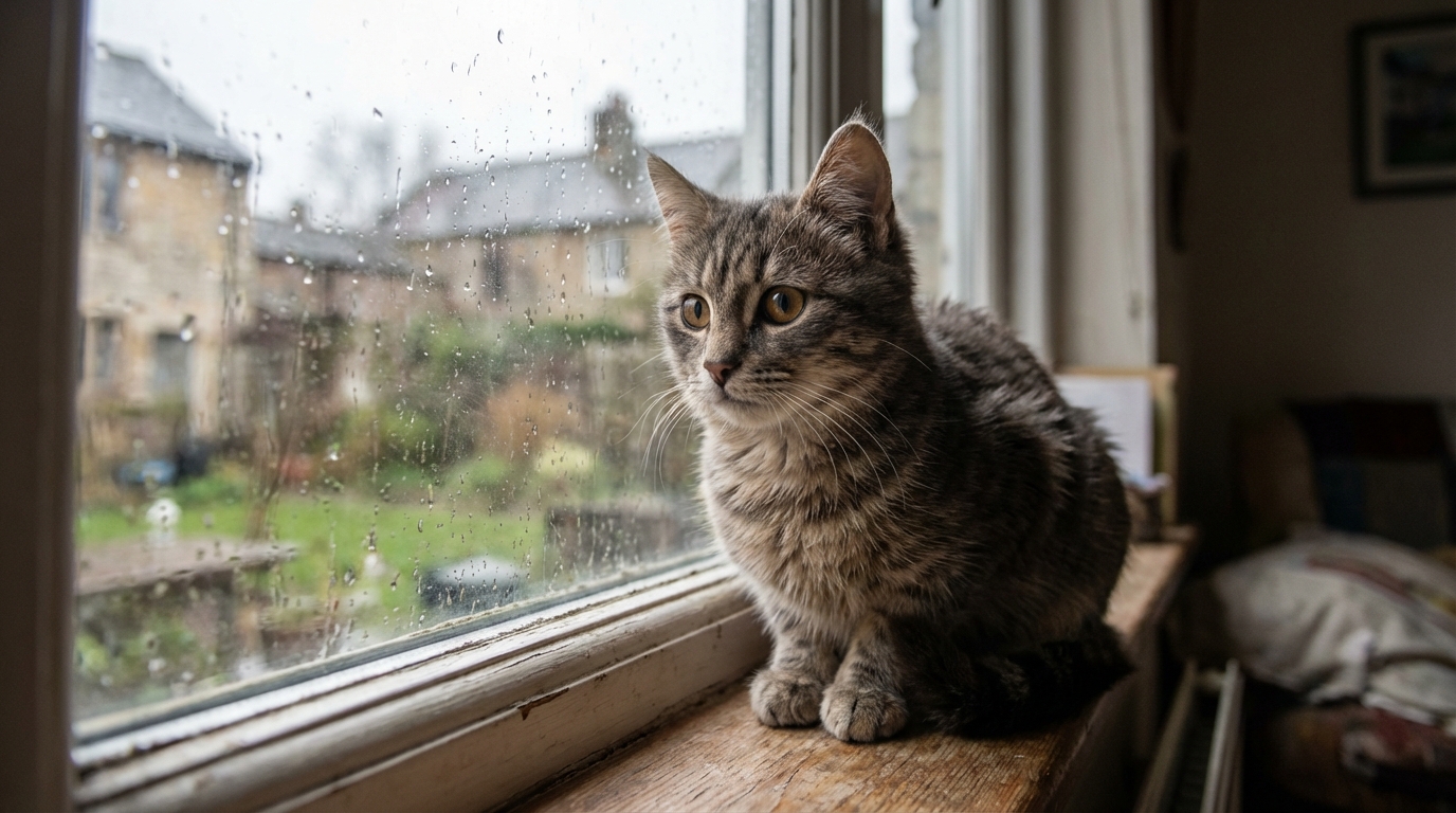Un jeune chat tigré, l'air anxieux, regarde à travers une fenêtre, comme s'il attendait le retour de ses maîtres après une disparition.
