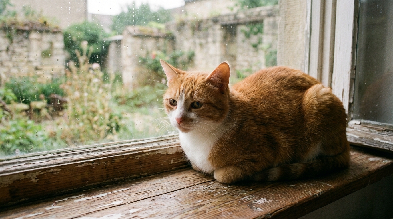 Un chat au pelage roux et blanc regarde avec une expression mélancolique par la fenêtre, symbolisant l'angoisse des animaux dans le hameau.