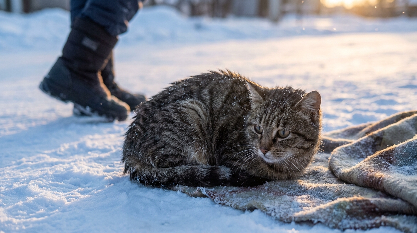 Un chat effrayé et maigre, recroquevillé dans la neige, regarde avec espoir un sauveteur lors de l'intervention dans le Maryland.