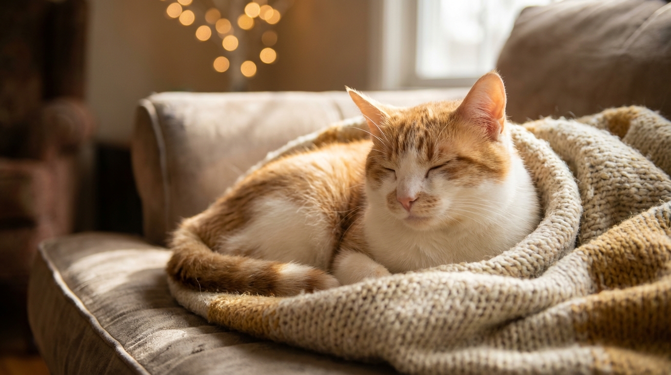 Un chat roux et blanc, autrefois très malade, dort paisiblement sur une couverture douce, symbolisant sa guérison et son sauvetage.