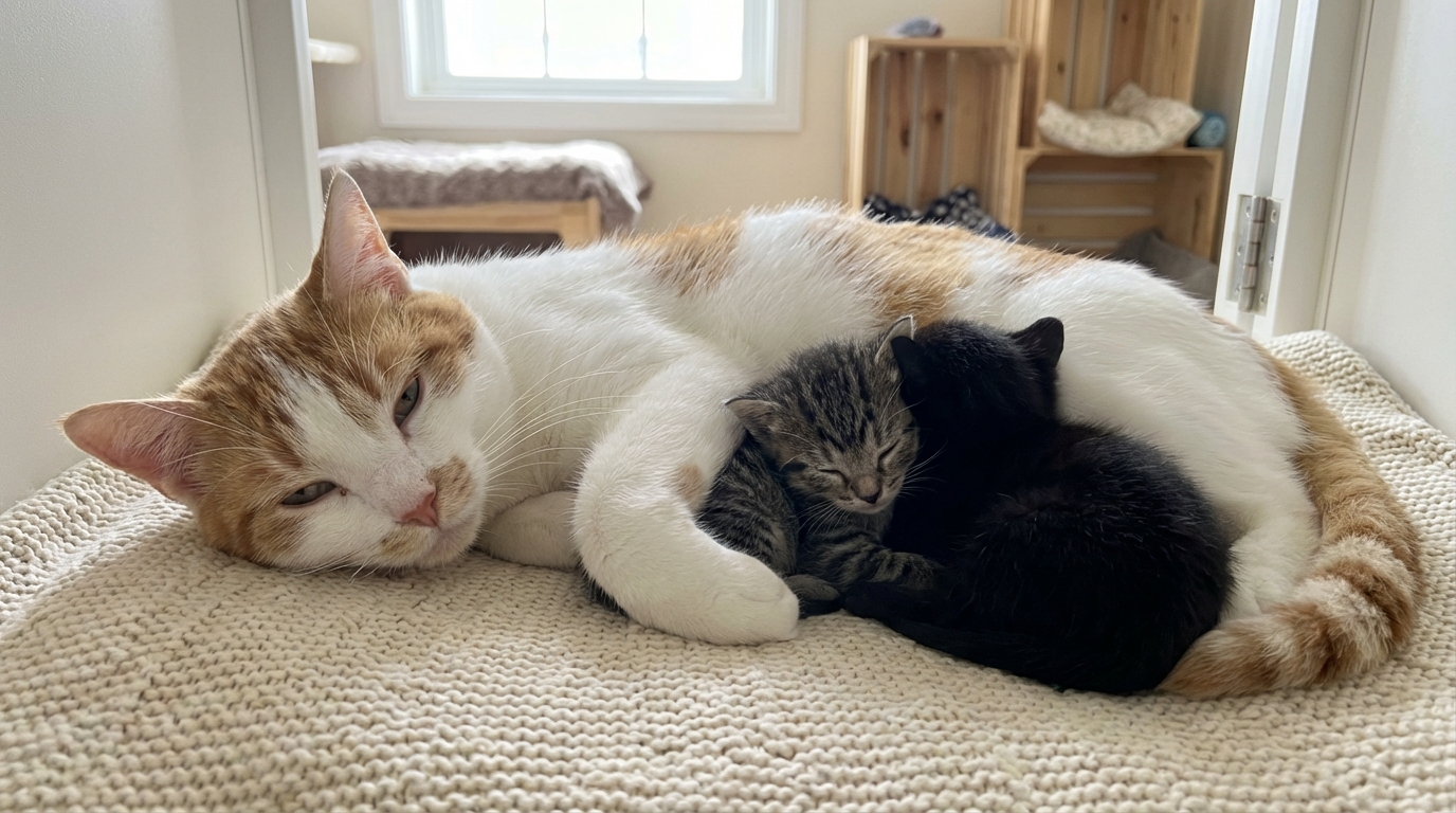 Un grand chat mâle blanc et roux est couché et câline tendrement deux petits chatons qui dorment contre lui dans une couverture douillette.