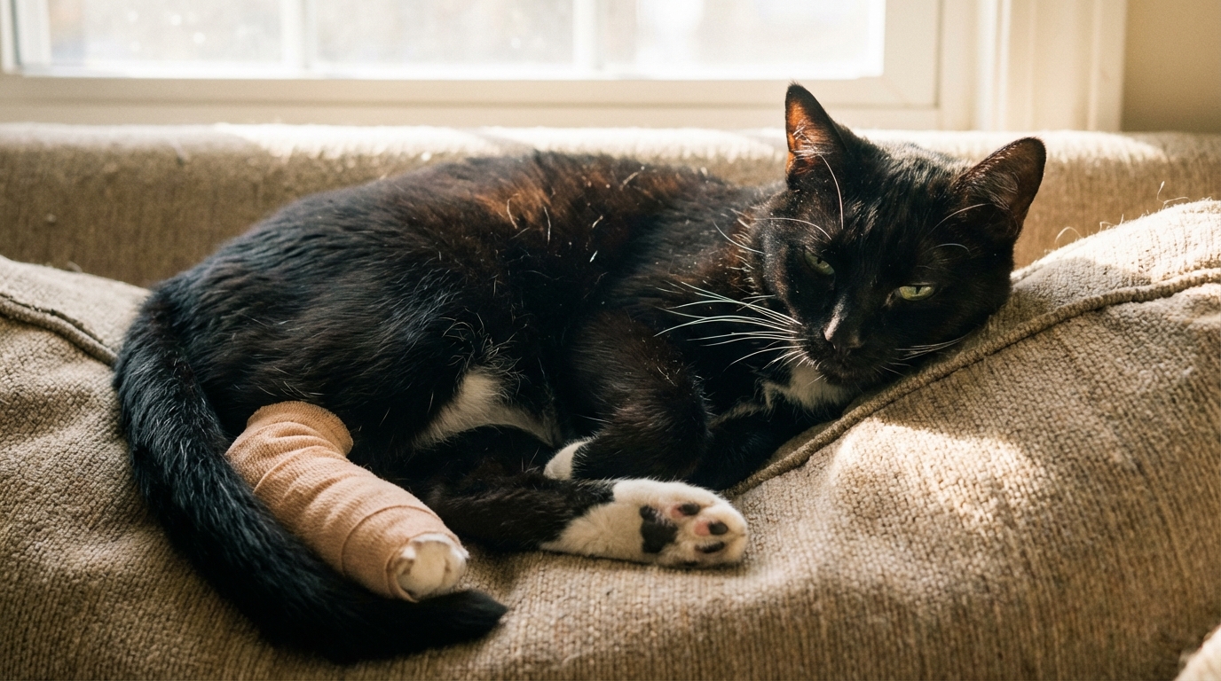 Un chat noir et blanc couché sur une couverture douce, une de ses pattes est bandée, il a l'air fatigué mais en sécurité à l'intérieur.