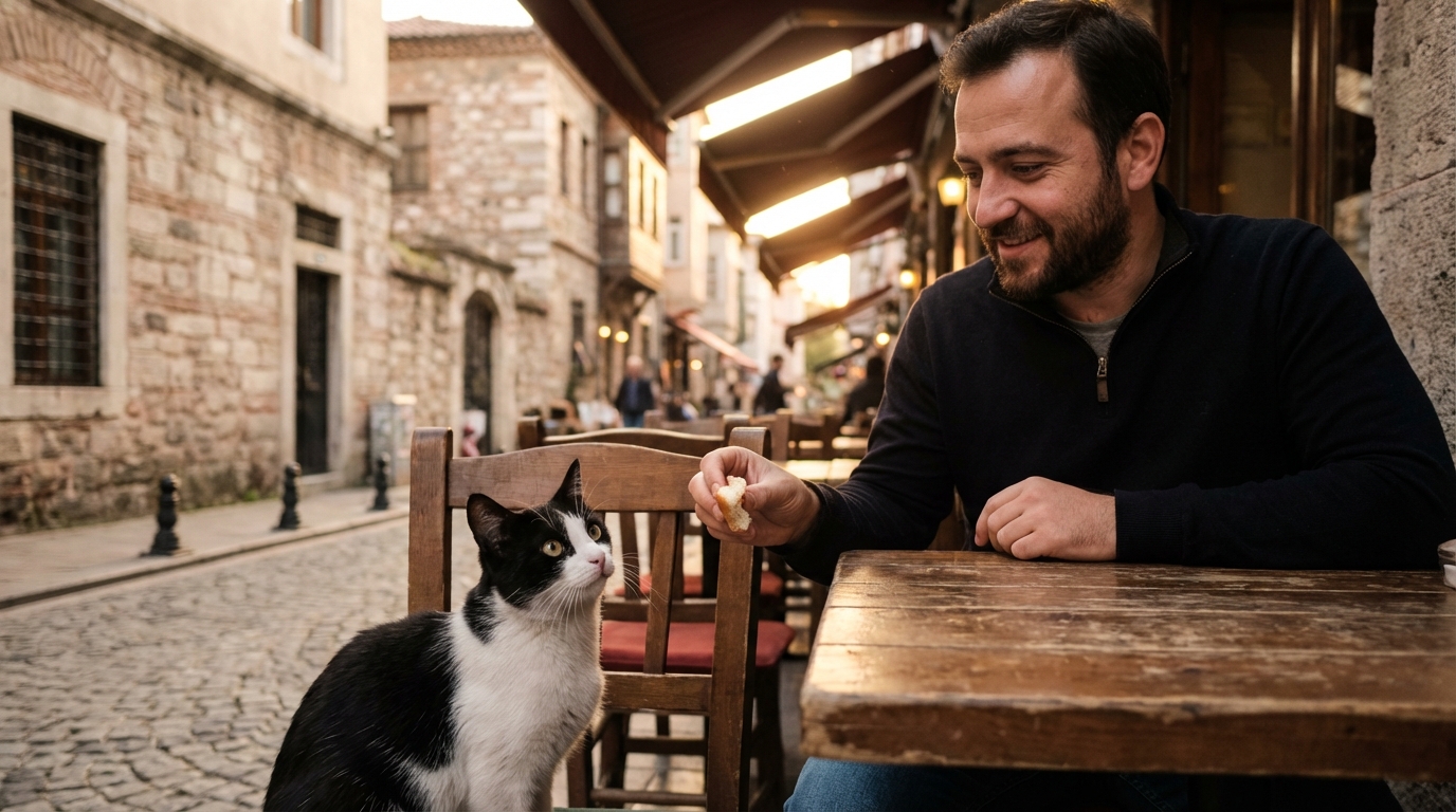 Un petit chat noir et blanc est assis poliment sur une chaise et regarde un homme manger dans un restaurant en terrasse à Istanbul.