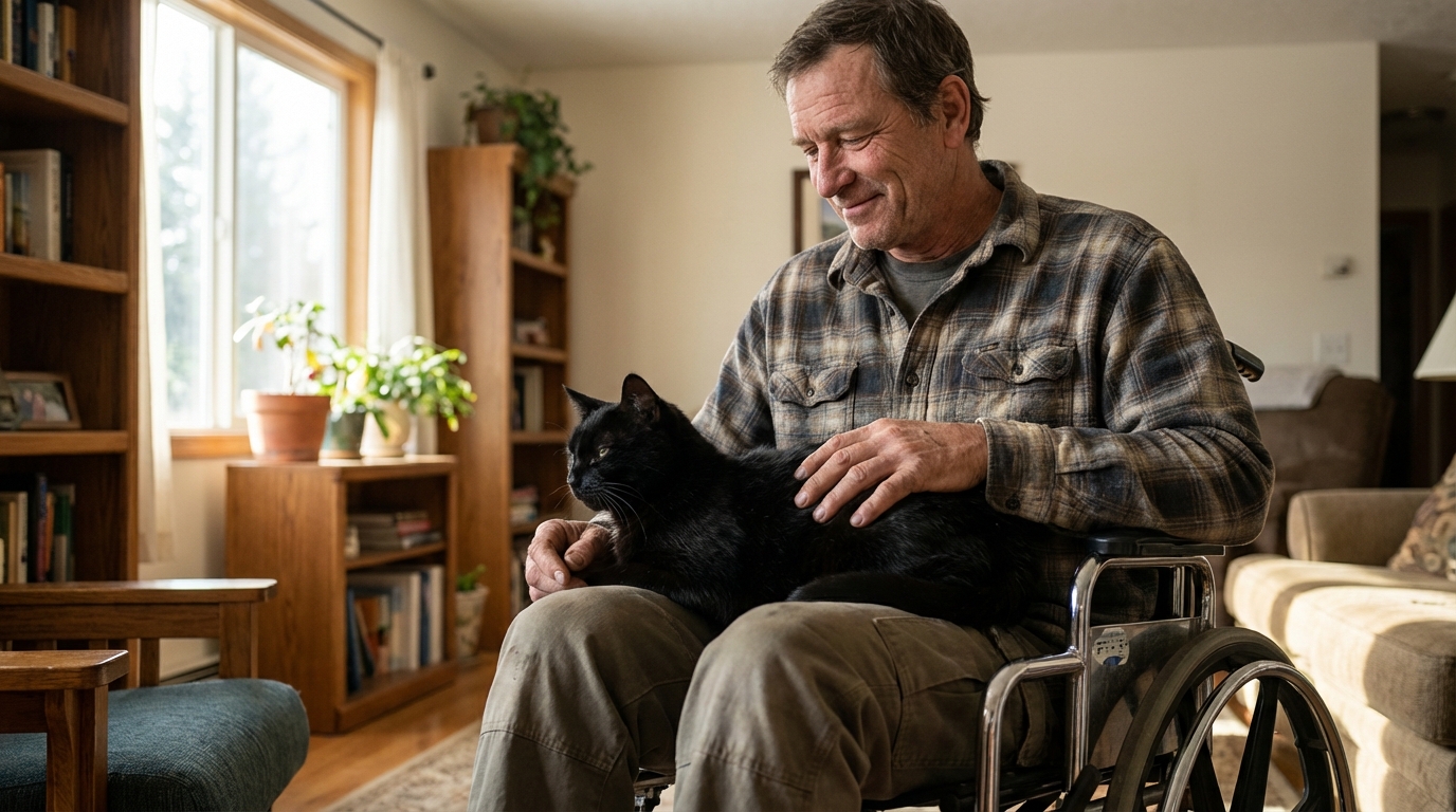Un chat noir amputé, Shay, se blottit tendrement contre un vétéran en fauteuil roulant, symbolisant le réconfort et la résilience.
