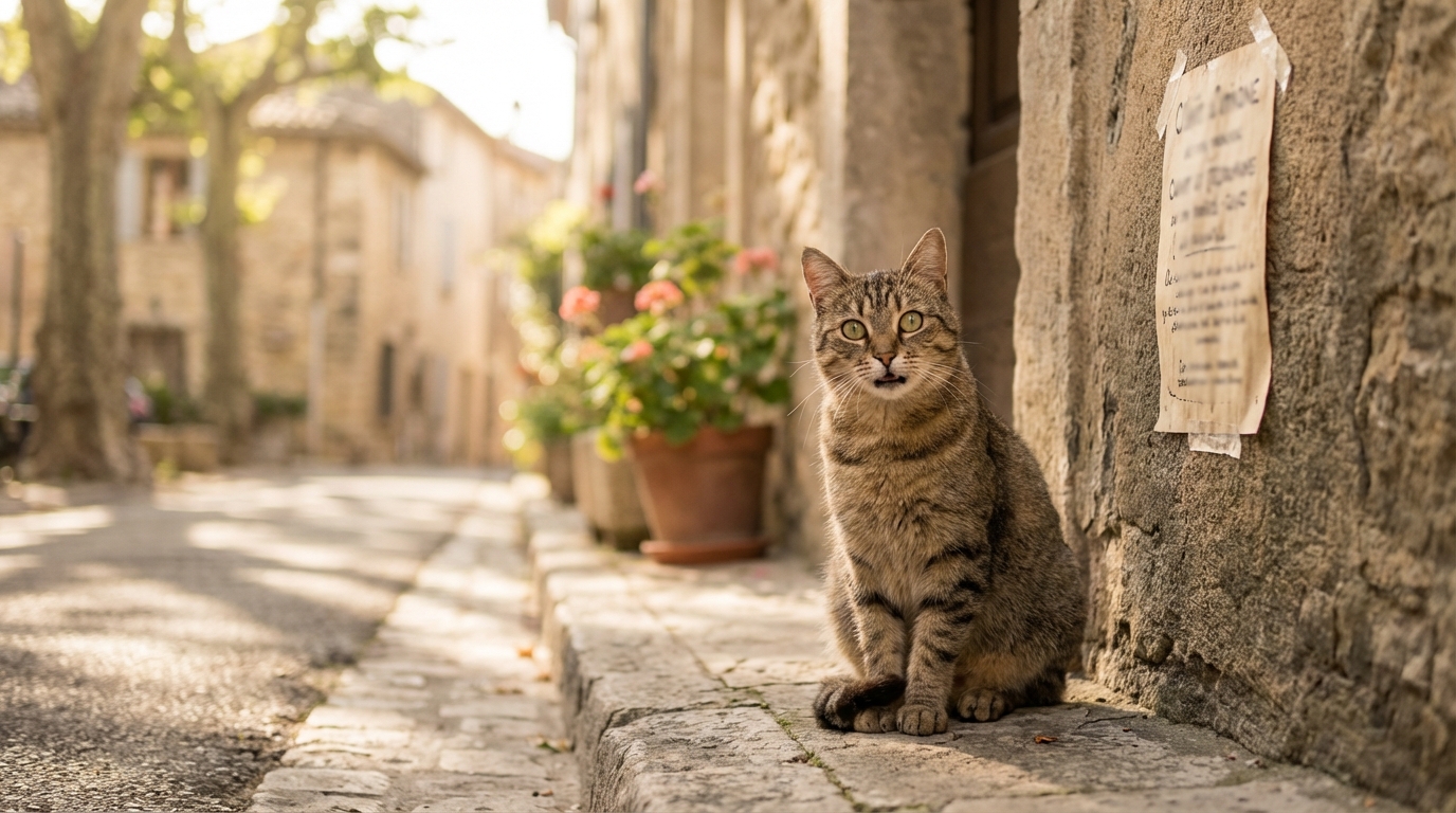 Un chat tigré au regard malicieux assis à côté d'une affiche électorale artisanale avec un slogan humoristique.