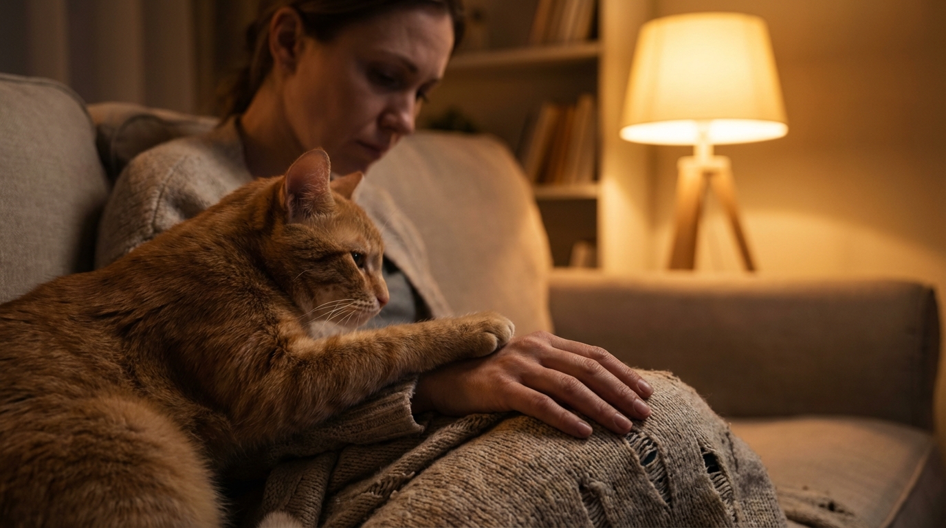 Un chat au pelage roux posant délicatement sa patte sur la main d'une femme assise sur un canapé, le regard plein de douceur.