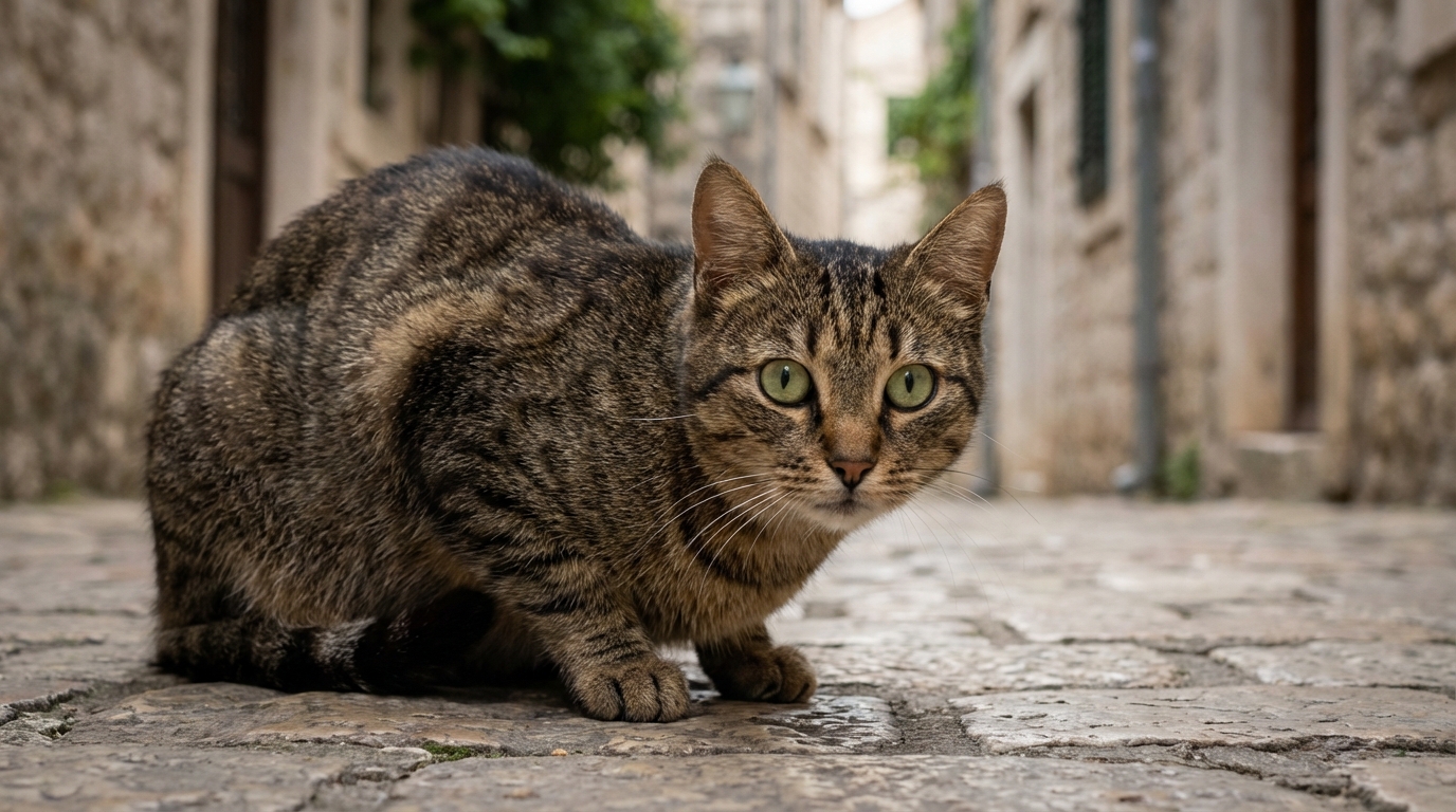 Un chat au pelage tigré fixant l'objectif avec un air méfiant, ses yeux verts perçants, symbolisant un danger potentiel.
