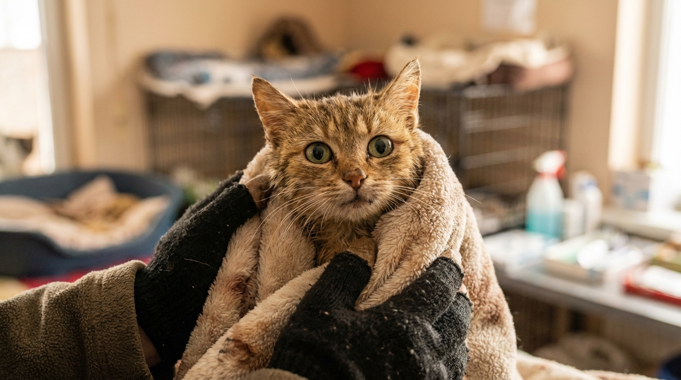 Un chat craintif mais plein d'espoir dans les bras d'un membre d'une association de protection animale après avoir été sauvé.