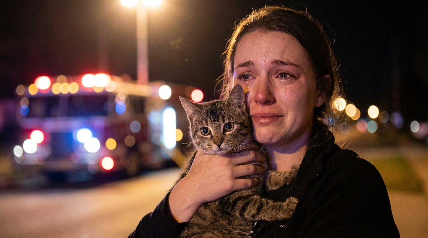 Un chat tigré, légèrement couvert de suie, est blotti en sécurité dans les bras d'une jeune femme émue devant un immeuble la nuit.