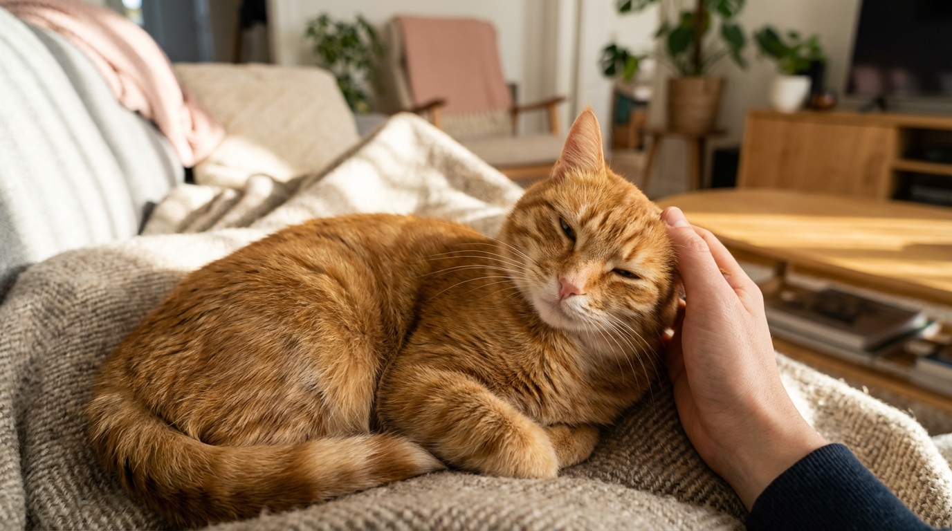 Un magnifique chat roux, autrefois craintif, se blottit avec confiance sur les genoux de son humain, les yeux mi-clos de bonheur.