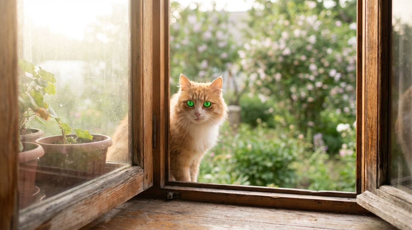 Un adorable chat roux et blanc, les yeux grands ouverts, regarde au loin depuis le rebord d'une fenêtre, prêt pour une aventure.
