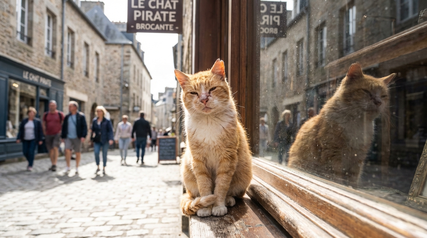 Un chat roux et blanc, mascotte de sa ville, se prélasse au soleil, symbolisant l'amour et la solidarité des habitants qui l'ont soigné.