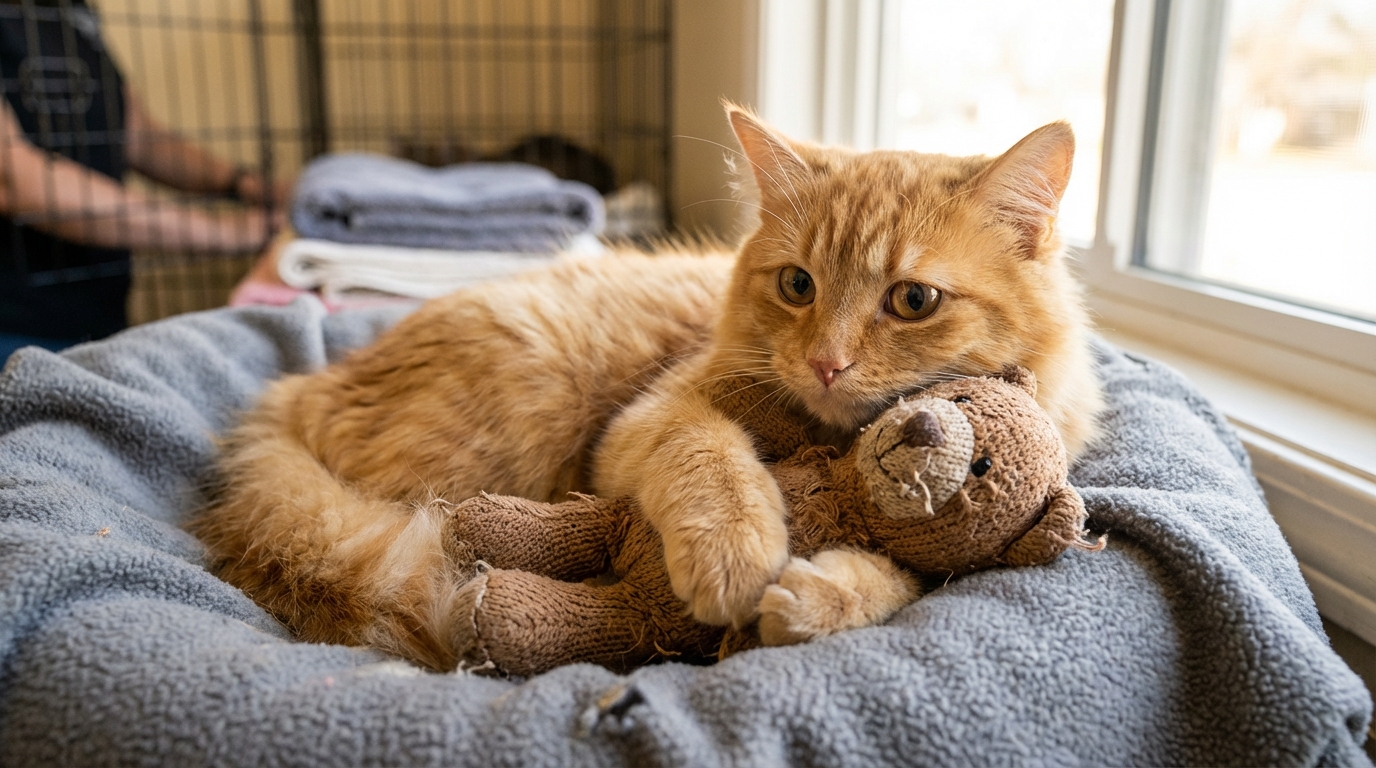 Un chat roux blotti tendrement contre son petit ours en peluche marron dans un refuge, une scène touchante.