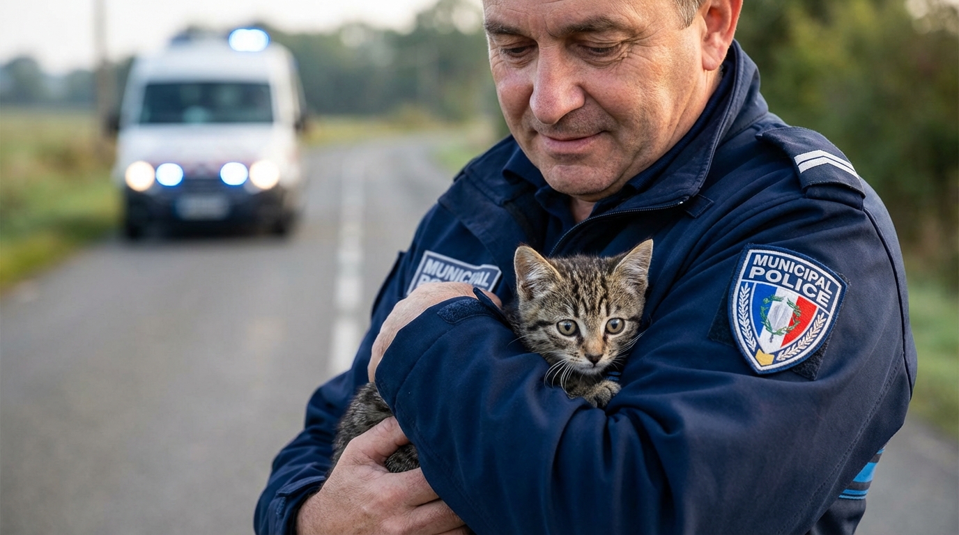 Un chat effrayé mais en sécurité dans les bras d'un secouriste bienveillant après un accident de la route.