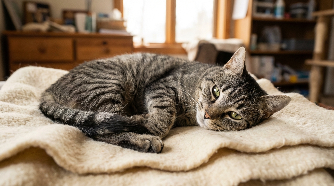 Un chat au regard curieux et reconnaissant après avoir été sauvé d'un piège dans un parking souterrain.