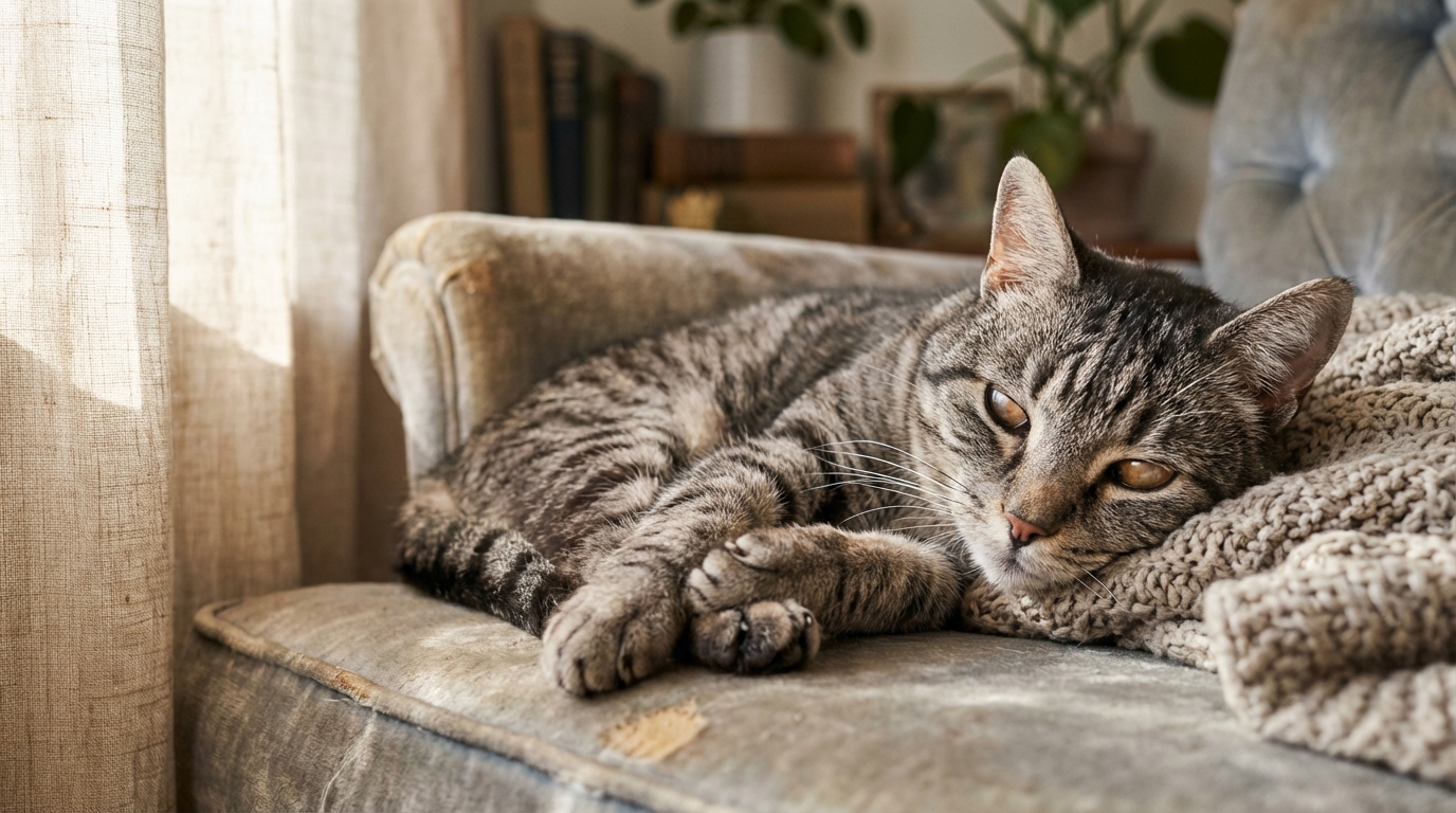 Guizmo, un magnifique chat senior tigré au regard doux, est couché sur un canapé, attendant une caresse et un nouveau foyer.