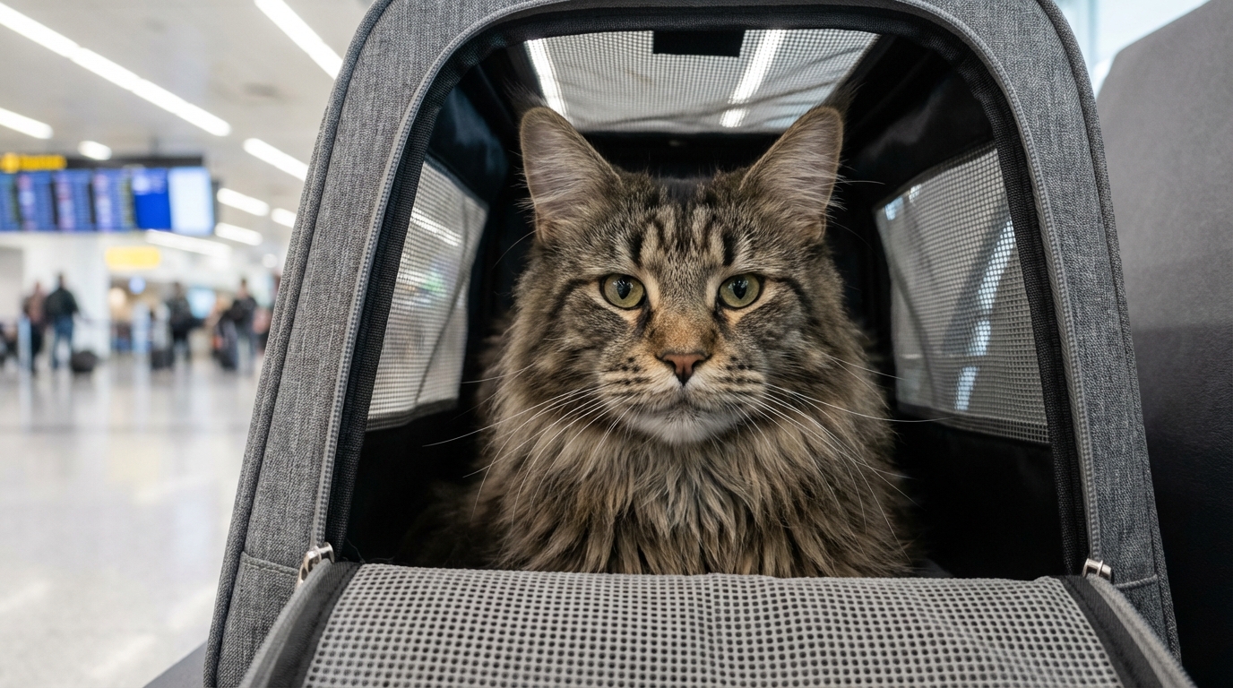 Un magnifique chat tigré à poil long regarde calmement à travers la grille de sa caisse de transport, semblant attendre son vol.
