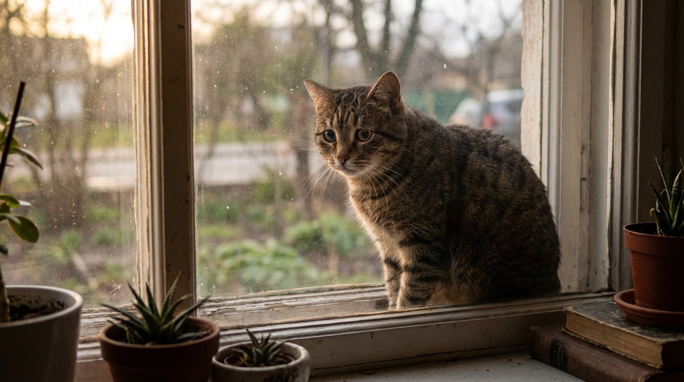 Un chat tigré au regard triste et inquiet, semblant se cacher derrière une vitre, symbolisant la peur des animaux dans un village de l'Aude.
