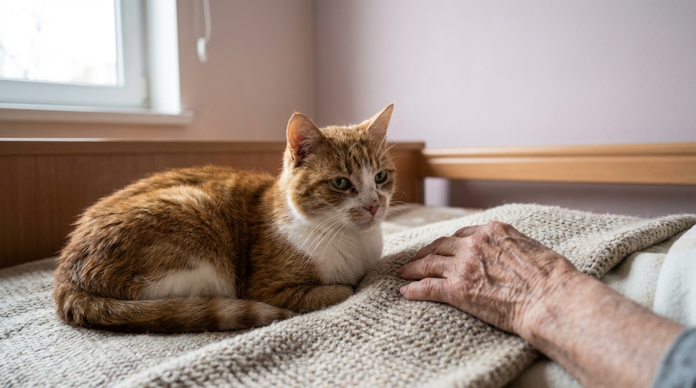 Un chat tigré à l'air âgé et bienveillant est assis sur un lit, regardant avec calme et compassion dans une chambre lumineuse.