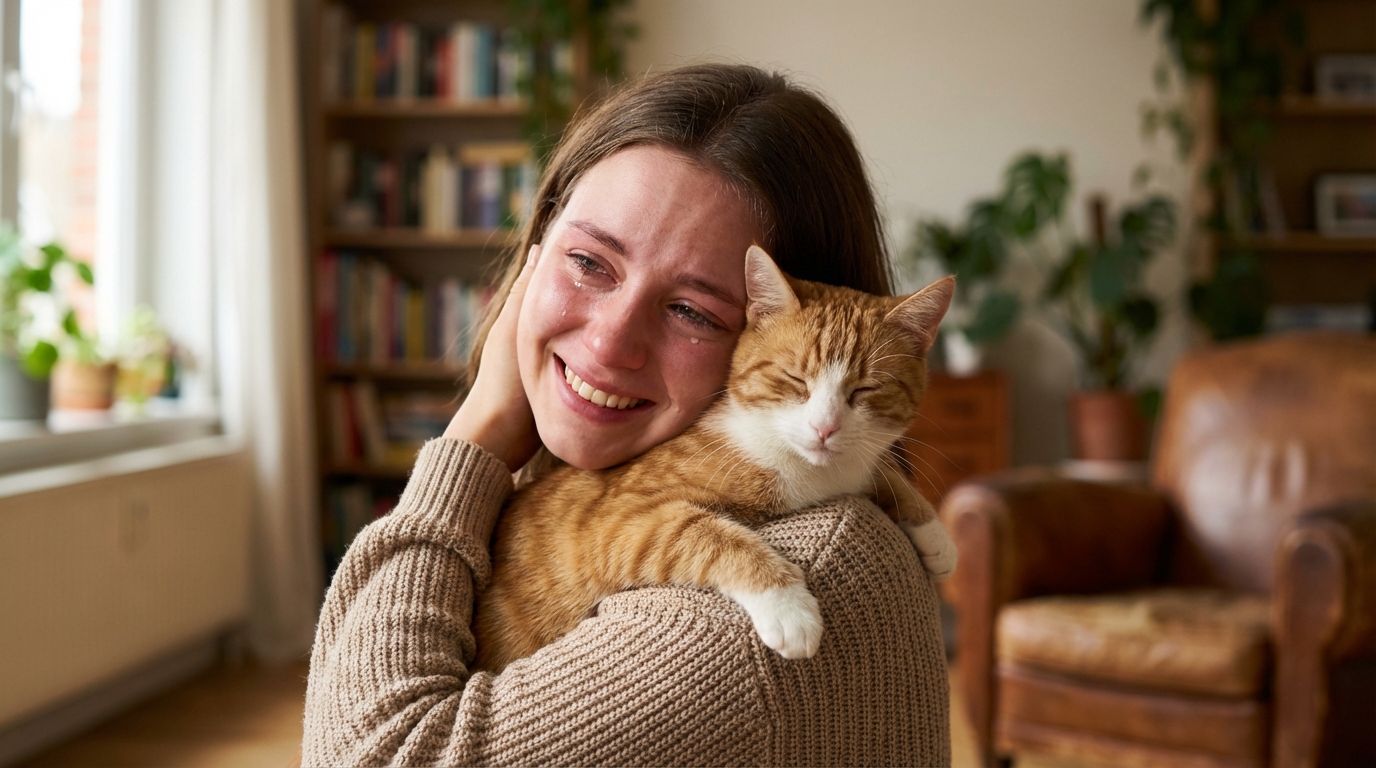 Un chat tigré au regard doux est blotti avec tendresse dans les bras d'une personne, symbolisant des retrouvailles émouvantes.