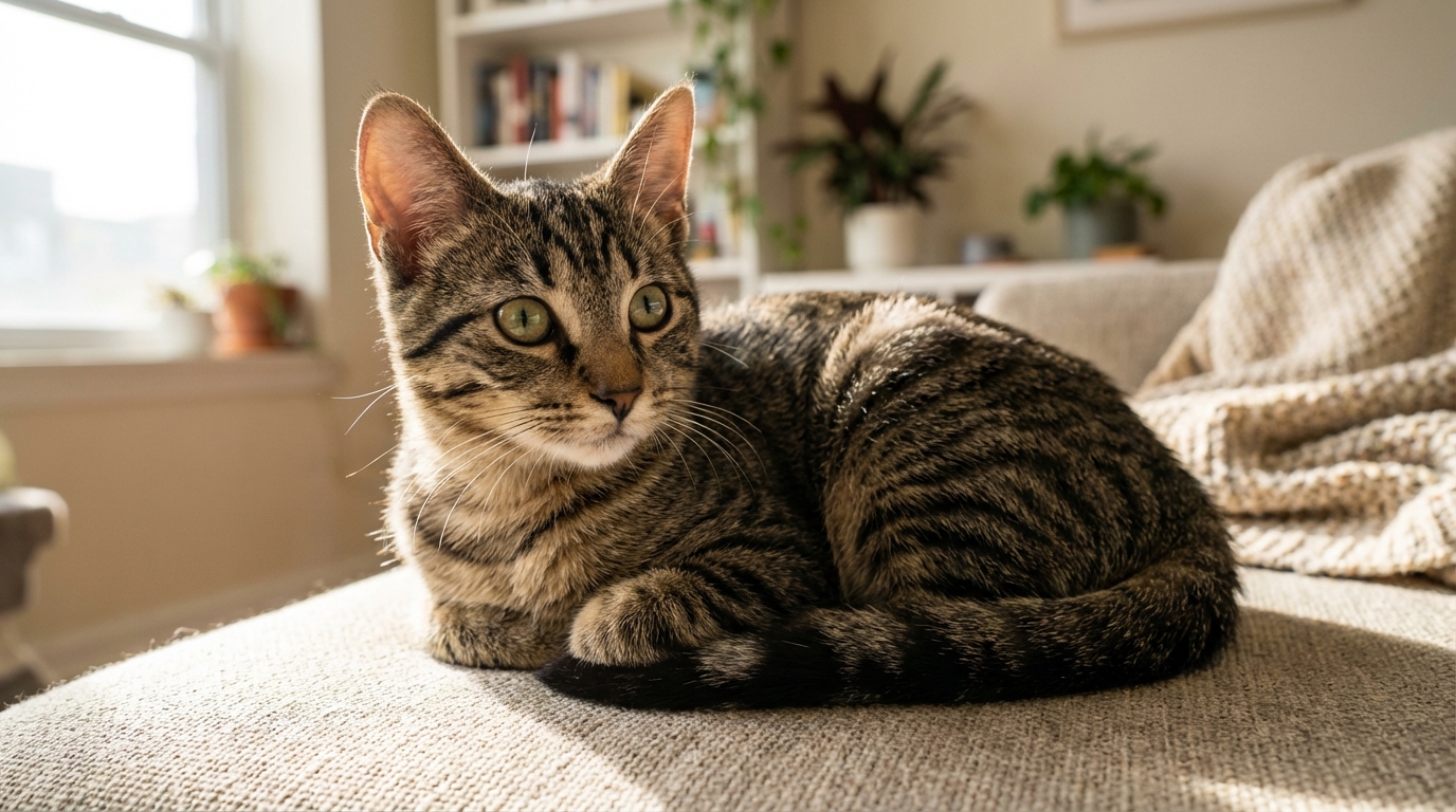 Un chat tigré au regard curieux et reconnaissant, en sécurité dans un appartement après avoir été sauvé des rails du métro.