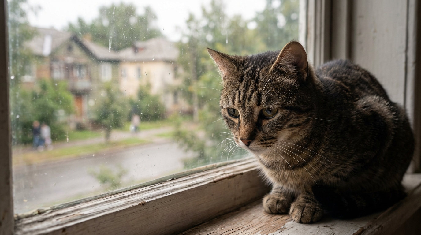 Un chat au regard inquiet est assis sur un rebord de fenêtre, symbolisant la peur et la tristesse des animaux de compagnie.
