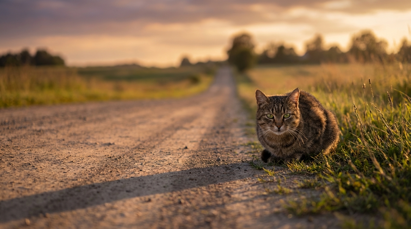 Un chat déterminé assis au bord d'une longue route, symbolisant son incroyable voyage pour retrouver ses maîtres.