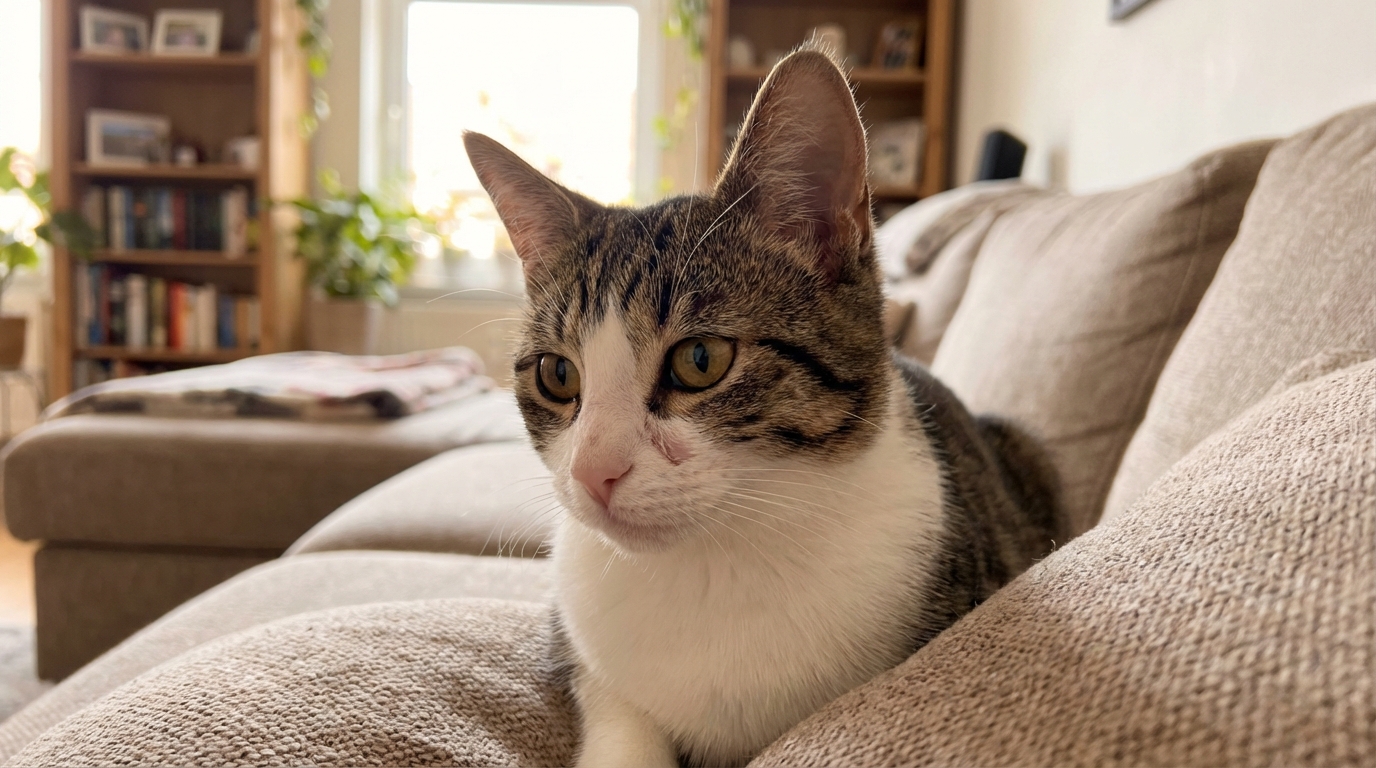 Le jeune chat Yoko, au pelage tigré et blanc, regarde l'objectif avec un air de survivant après avoir été sauvé.