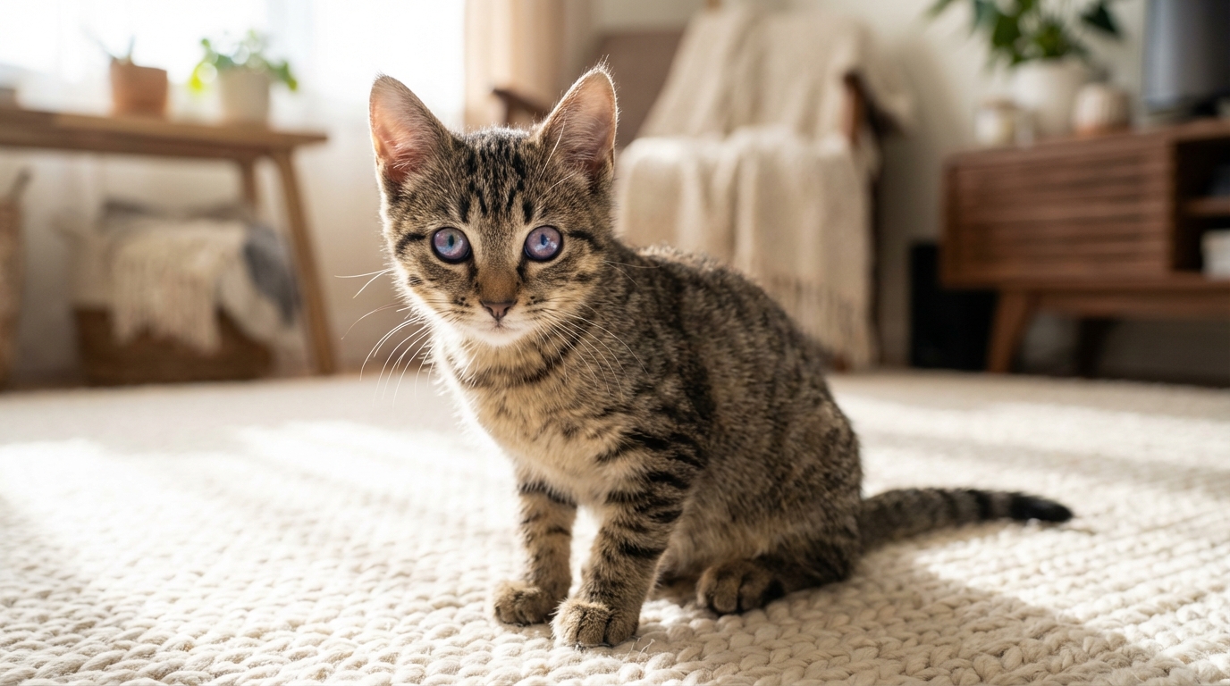 Le chaton Dorito, une survivante, regarde la caméra avec ses immenses yeux opalescents, conséquence d'une maladie.