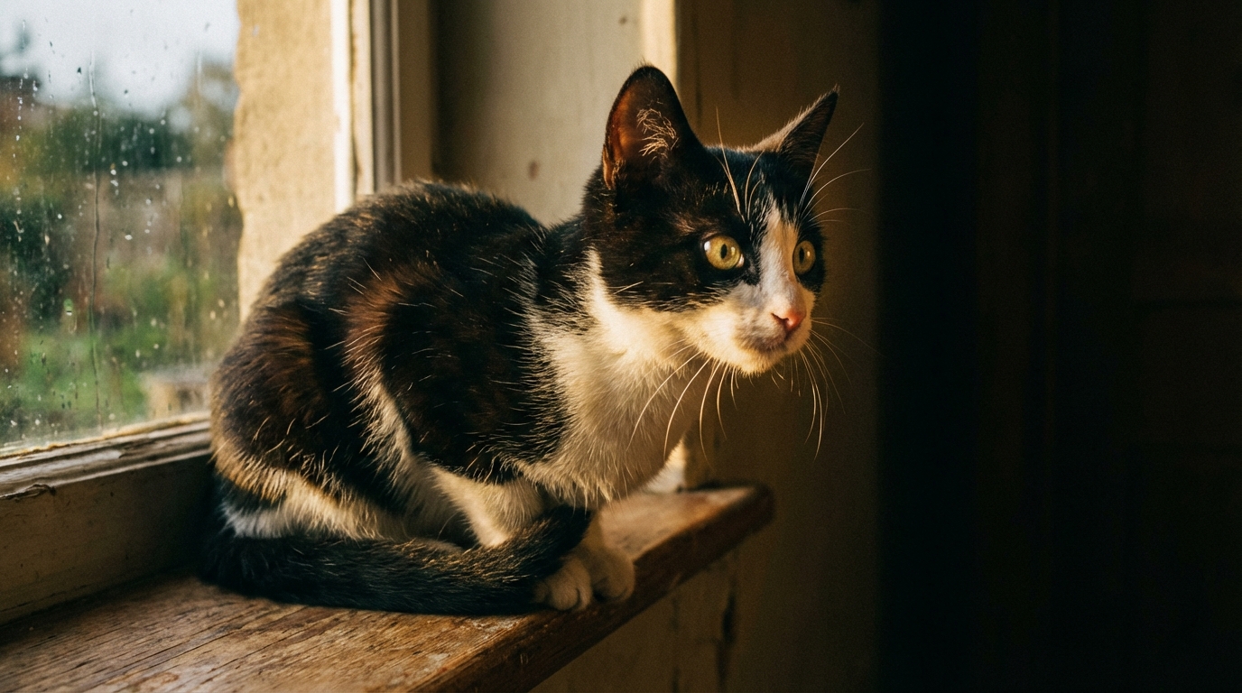 Un jeune chat noir et blanc assis de profil, le regard fixé et alerte, symbolisant le courage et la vigilance d'un animal face au danger.