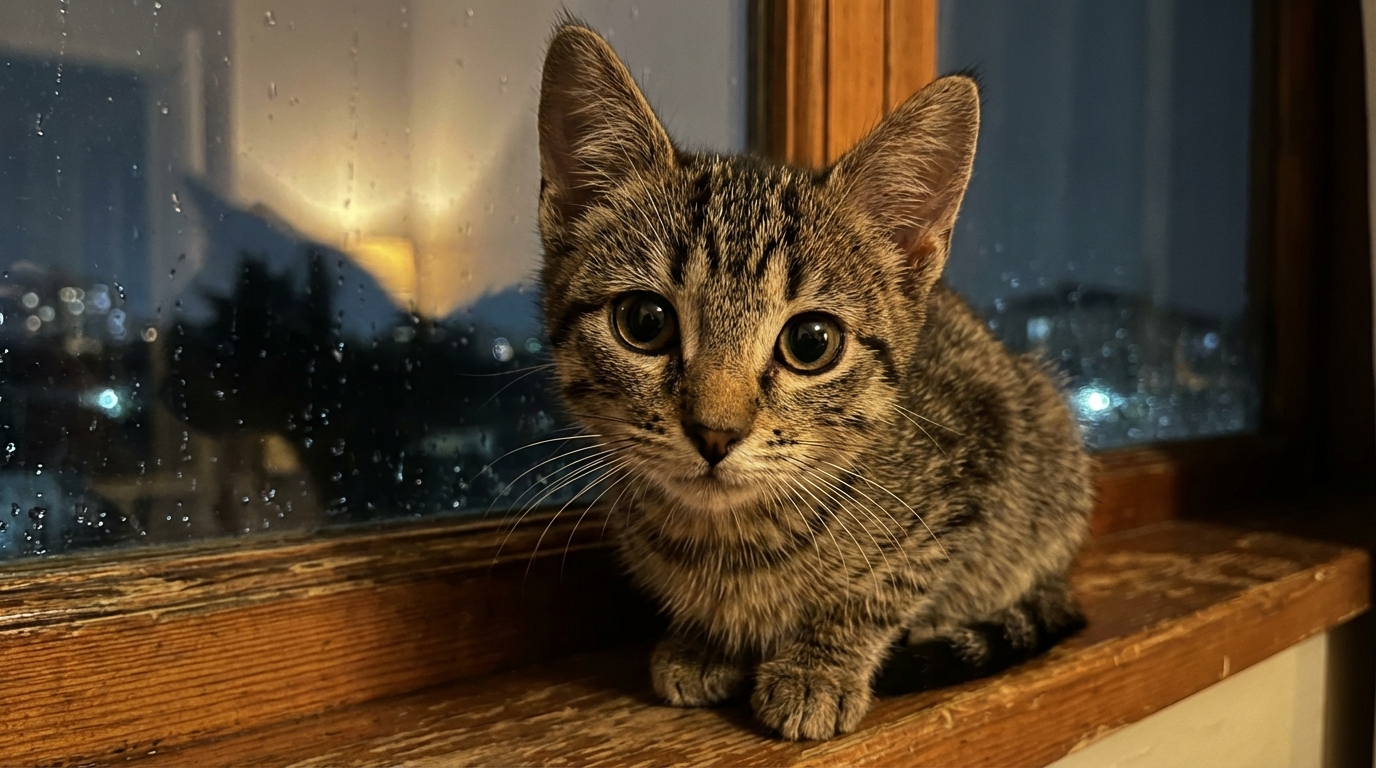 Un jeune chaton au regard alerte regarde la caméra, symbolisant l'amour et le courage d'un animal de compagnie.