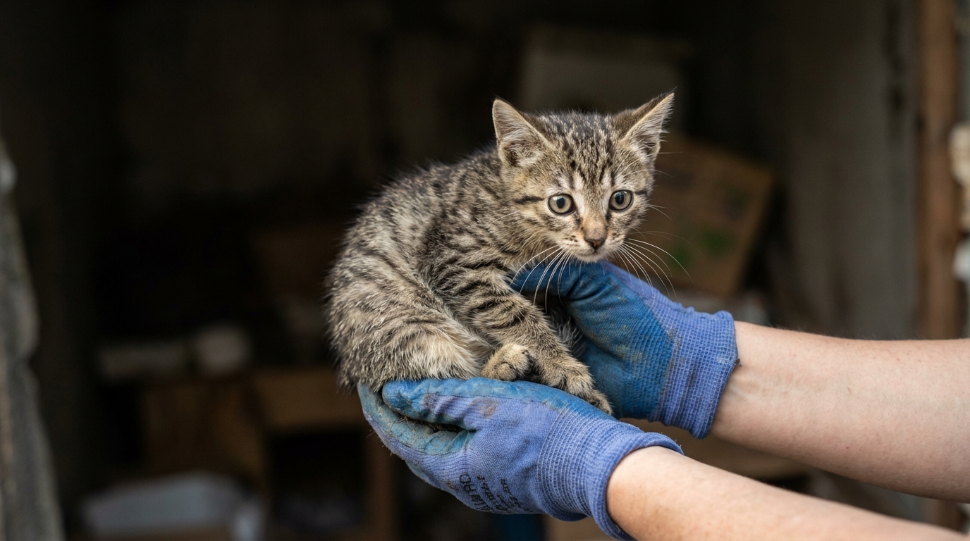 Un bénévole aux mains gantées réconforte un jeune chaton au regard triste et au corps maigre, tout juste sorti d'un appartement insalubre.