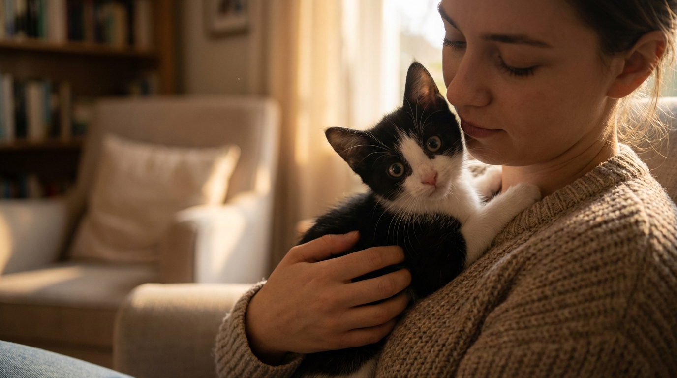 Un jeune chat noir et blanc, visiblement ému, se blottit en sécurité dans les bras réconfortants d'une personne après son sauvetage.