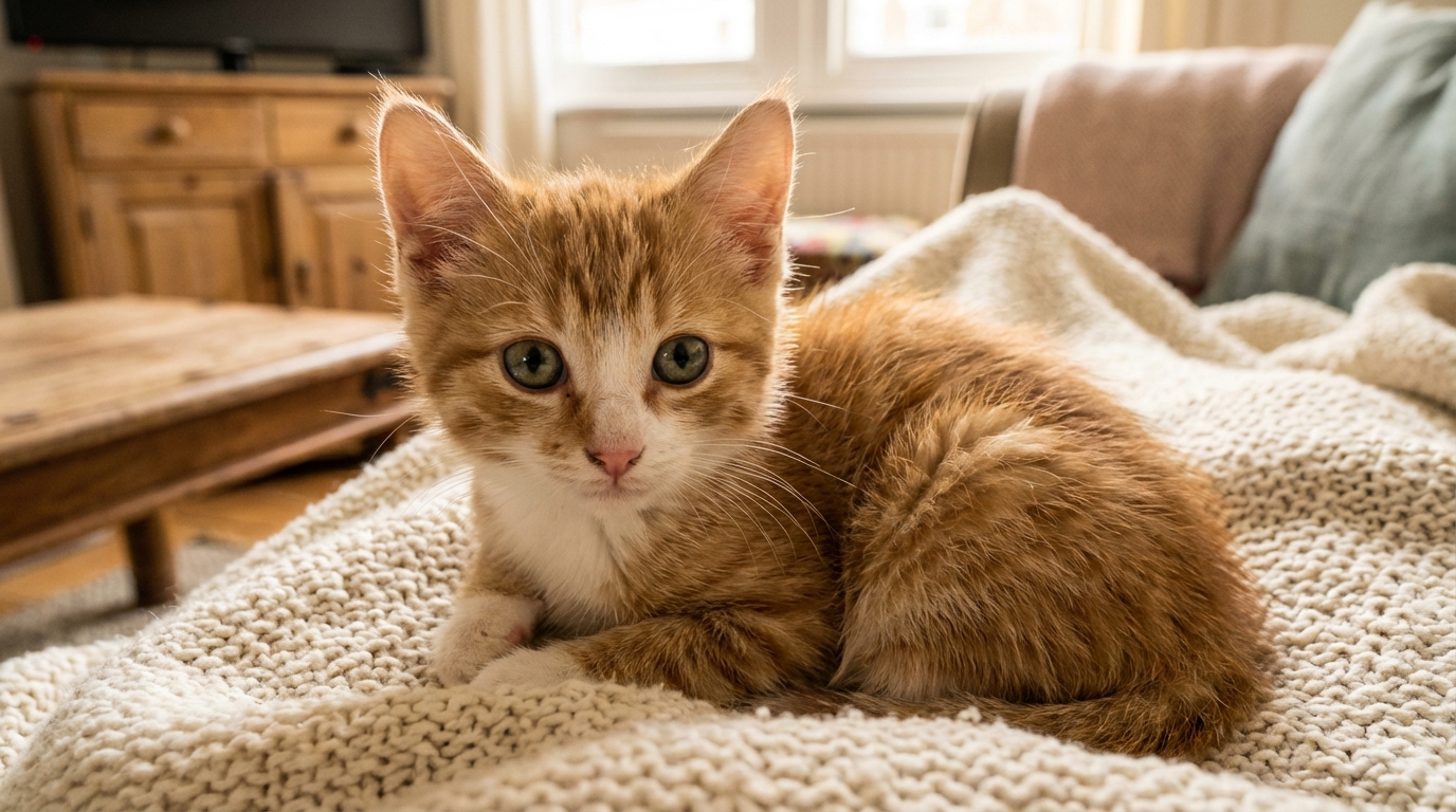 Un jeune chaton roux et blanc, sauvé et en sécurité, regarde l'objectif avec de grands yeux encore empreints de peur et de confusion.